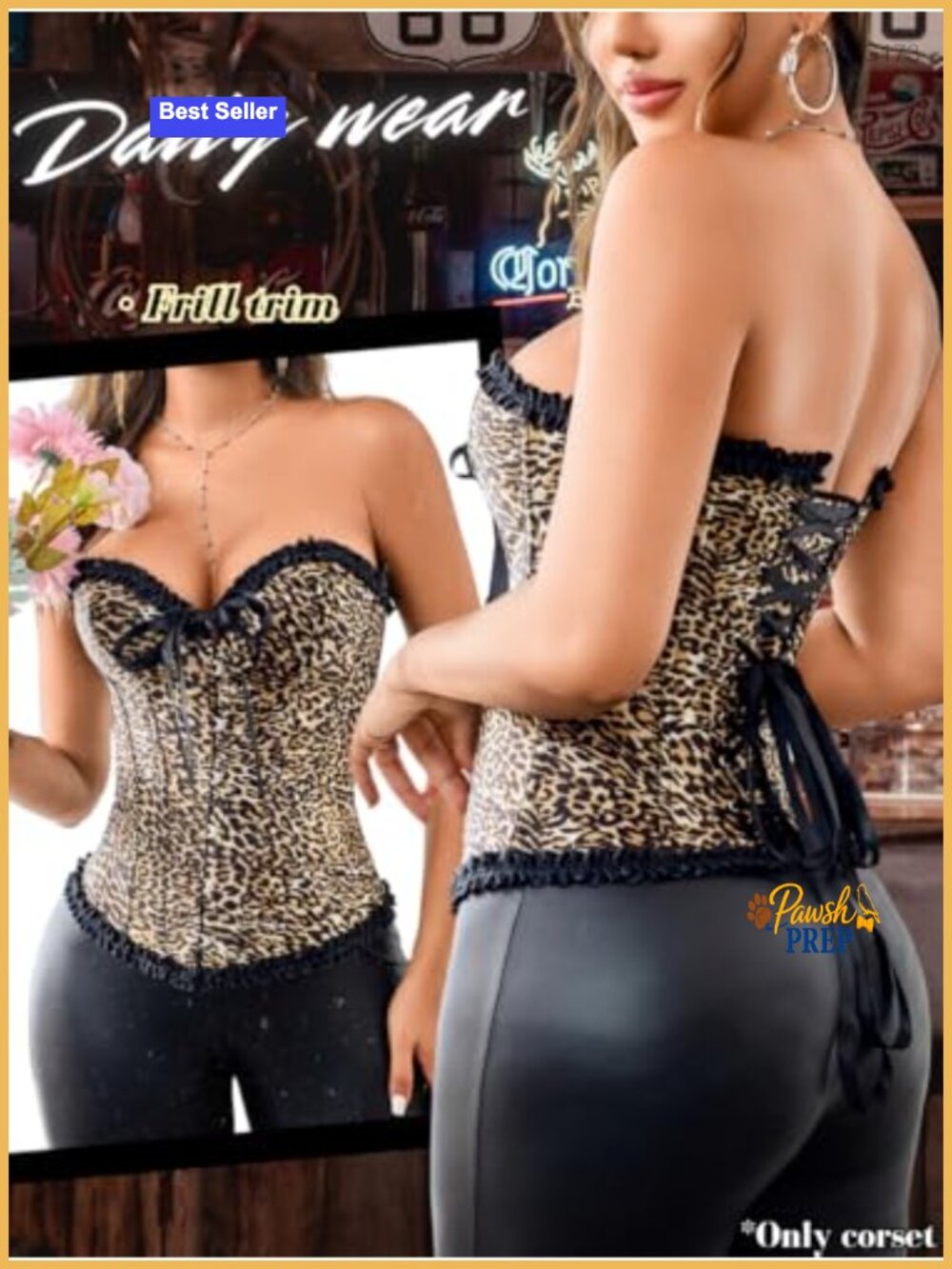Women's Leopard Print Satin Corset Lace-Up Shapewear Bustier - Picture 2 of 6